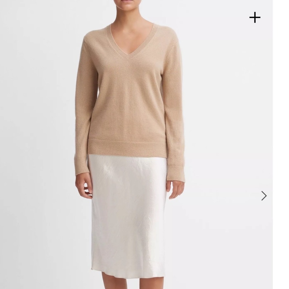 Vince Cashmere Weekend V-Neck Sweater Tan Beige Camel 224317 Womens Small